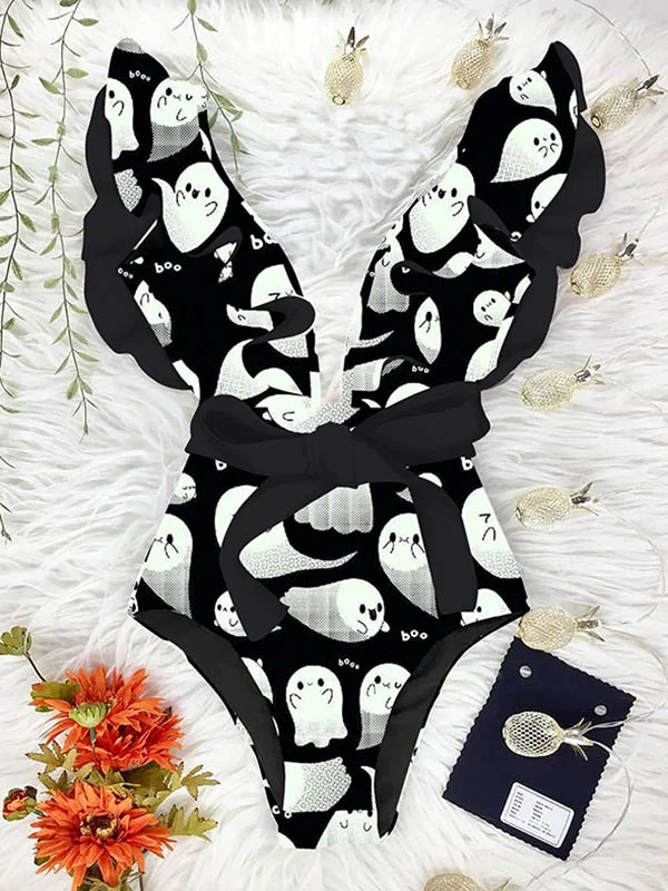 Halloween Pumpkin Ghost Printed Bandage One-Piece Swimsuit