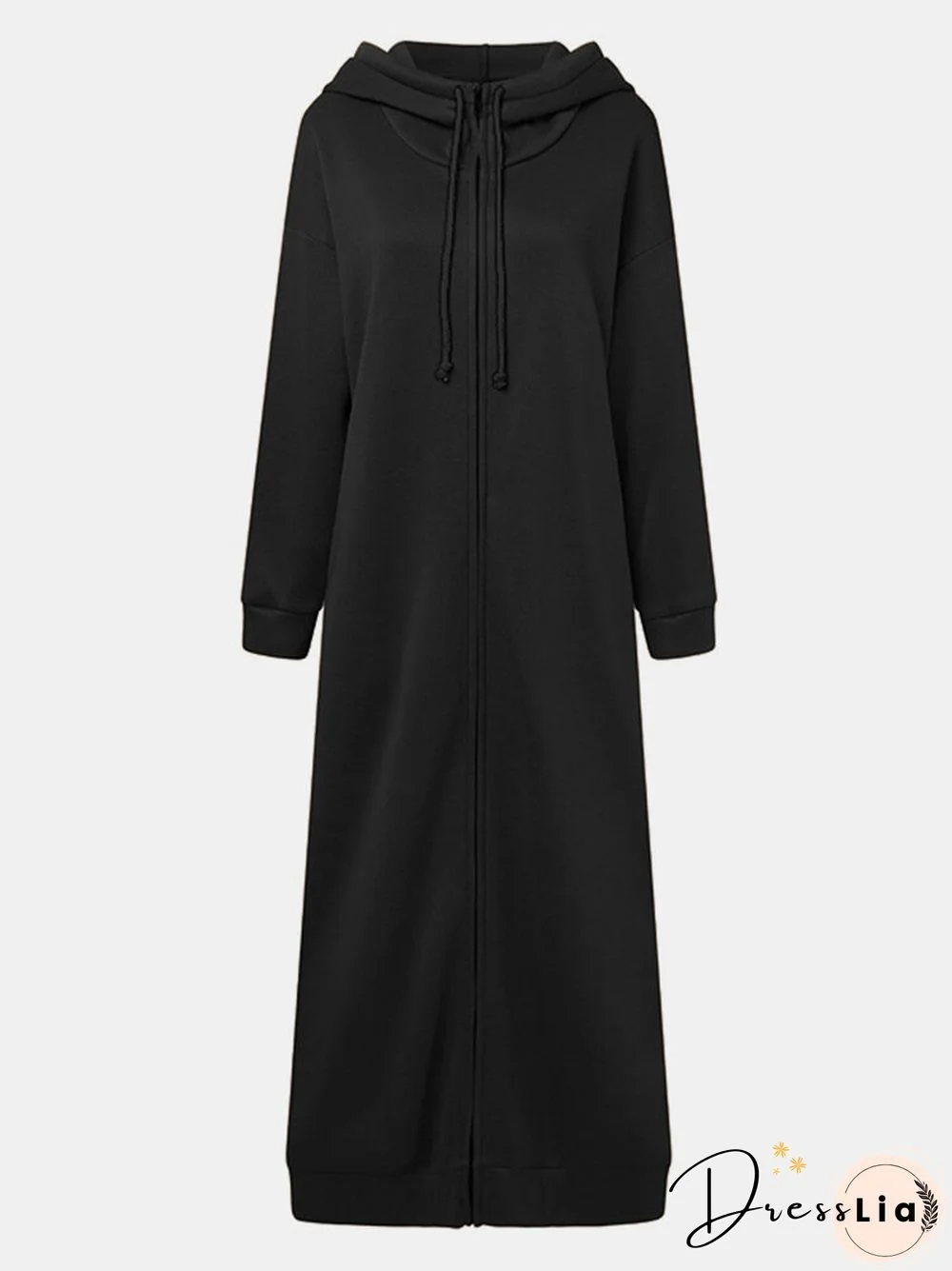 Casual Solid Color Pockets Front Zipper Hooded Long Jacket Dress