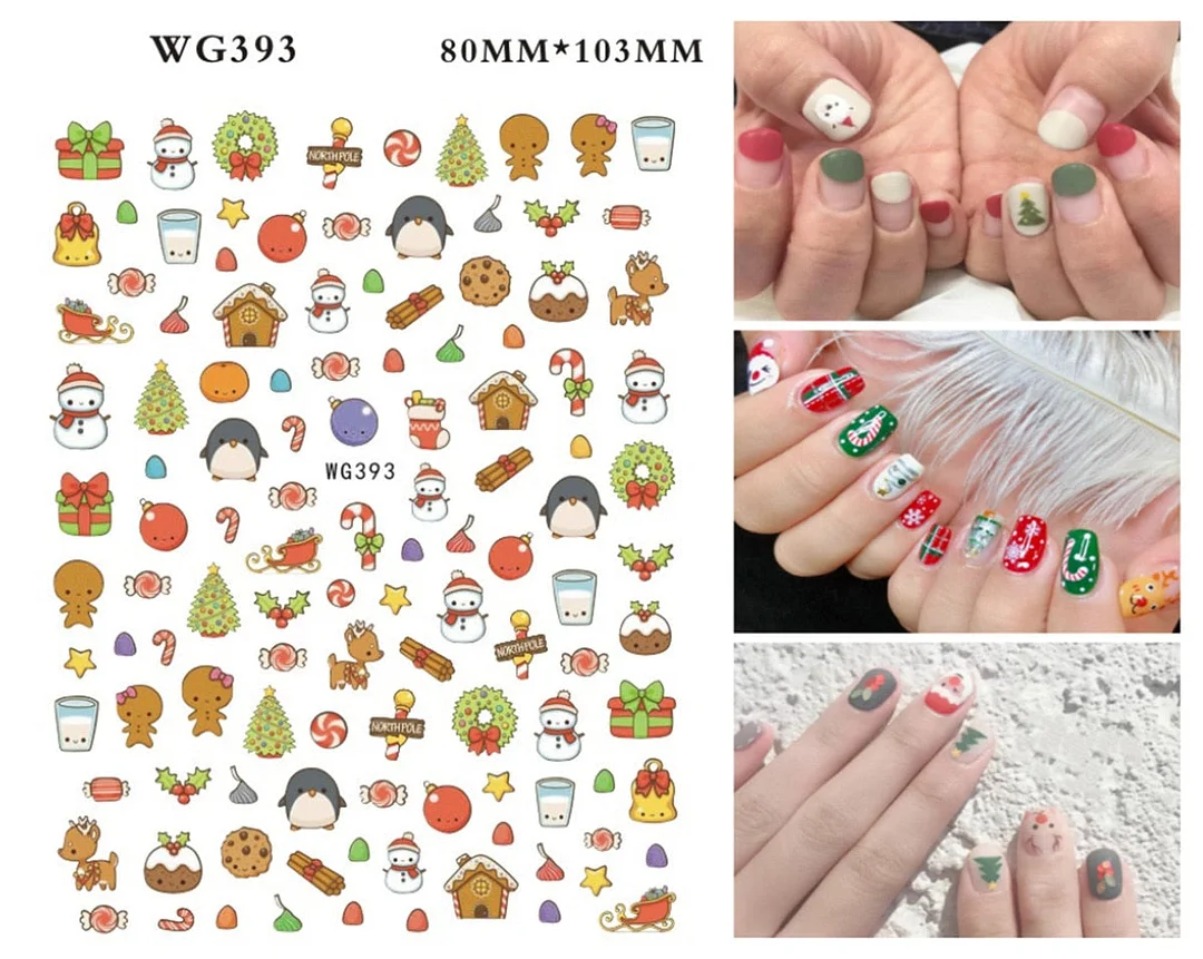 Merry Christmas 3D Nails Sticker Winter Cute Cartoon Sliders Snowflake Elk Xmas Tree Decal UV Gel Polisn Manicures Foils Decor-Nail Inspo