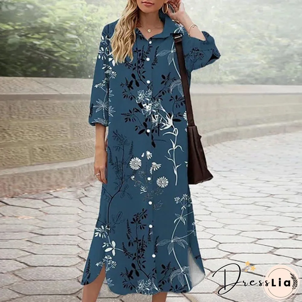 Autumn Women Harajuku Print Shirt Dress Casual Single-Breasted Loose Maxi Dress Vintage Long Sleeve Street Shirts Dress Vestidos