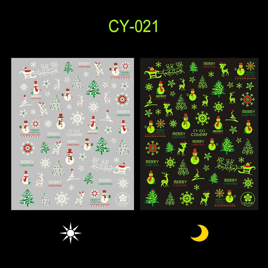 Merry Christmas Luminous SnowFlake Nail Stickers Fluorescent Xmas Winter Sliders for Nails Charms Glow in Dark Manicure Decals-Nail Inspo