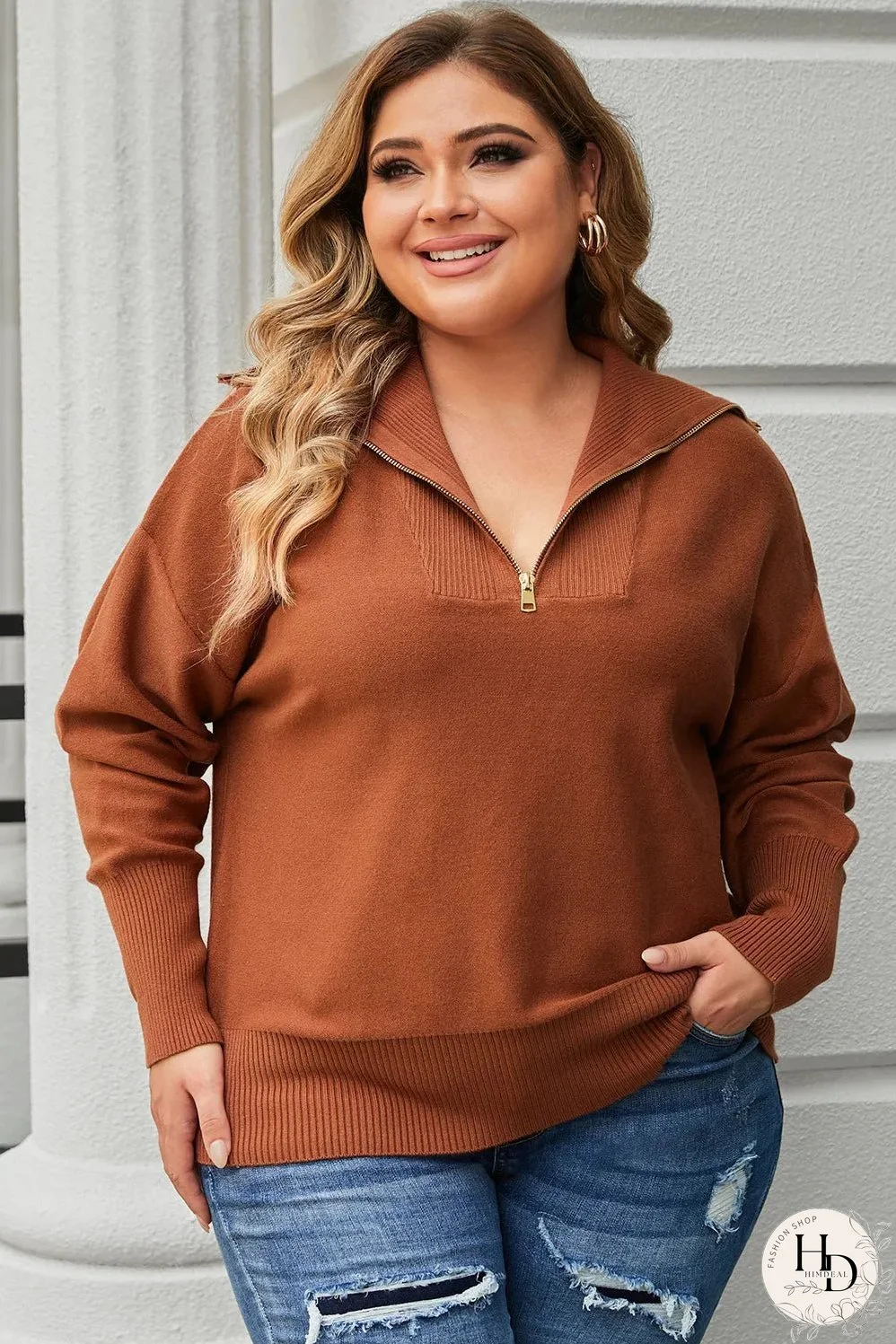 Brown Solid Ribbed Trim Plus Size Zip Collar Sweater