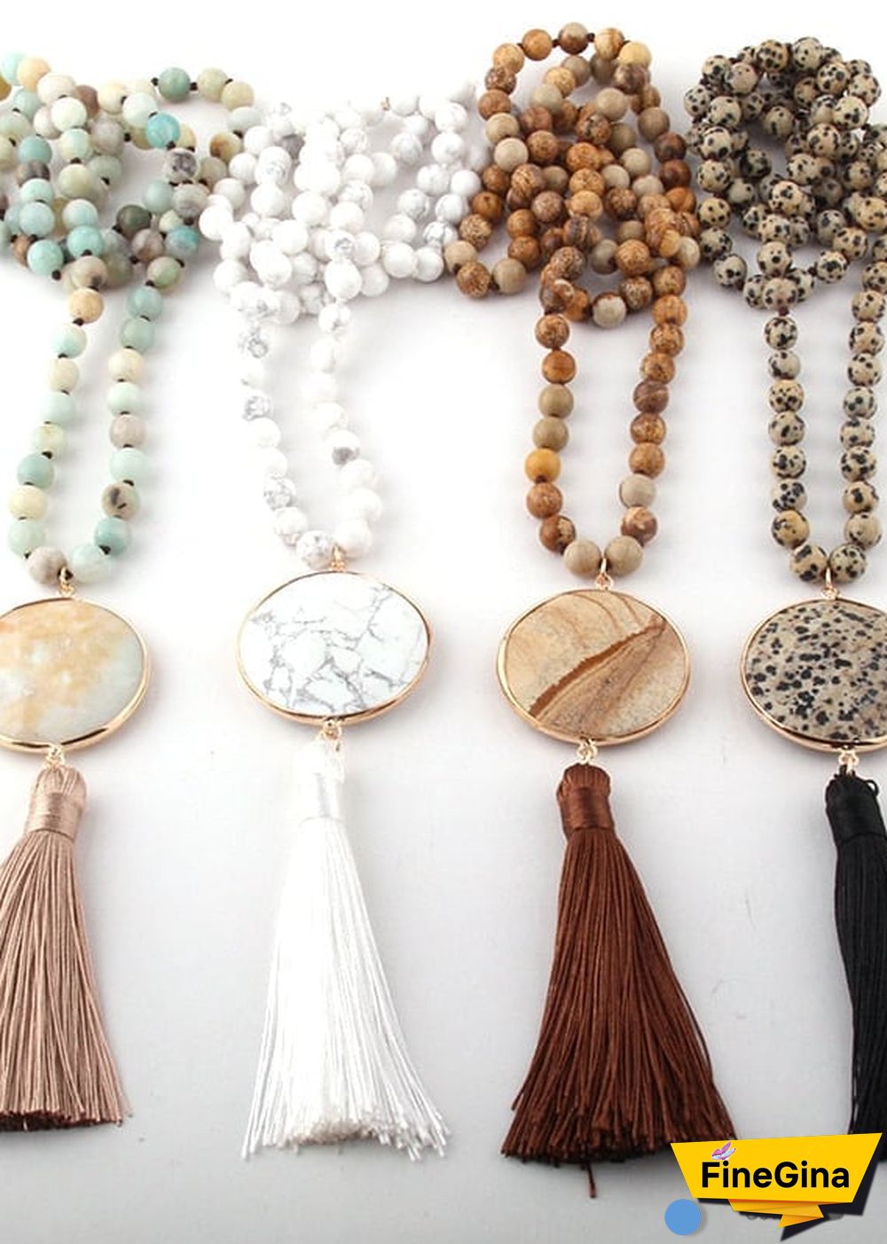 Boho Necklace, RH Amazonite Jasper, Circle Tassel Green White Natural Stone