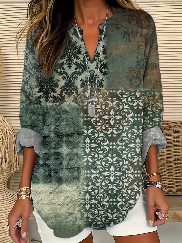 Vintage Floral Patchwork Art Women's Linen V-Neck Shirt