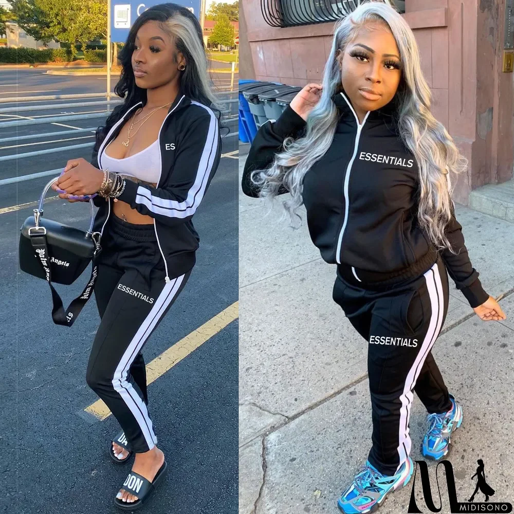 MidiSono - Fashion Letter Print Zip Side Stripe Patchwork Two Piece Tracksuit