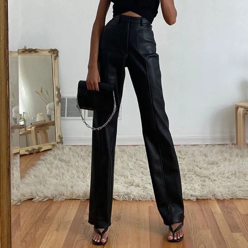 Cryptographic Solid Black Faux Leather Trousers High Waist Straight PU Pants Fall Winter 2020 Harajuku Bottom Pants Pockets