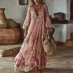 Vintage Boho Pink Roses Embroidered Flowy Linen Maxi Dress - Image 2