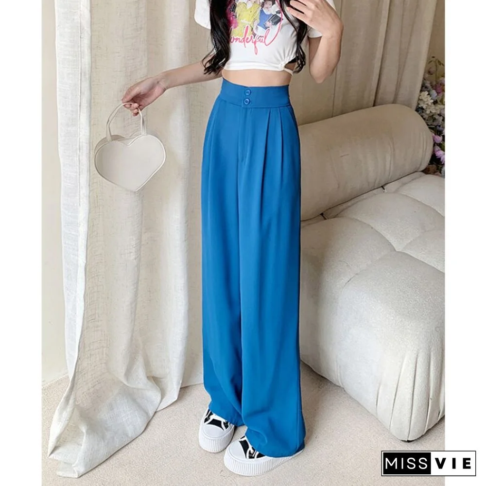 New Two-button Elastic Waist Suit Wide Leg Pants Women High Waist Loose Casual Trouser Female Fashion Baggies Bottom