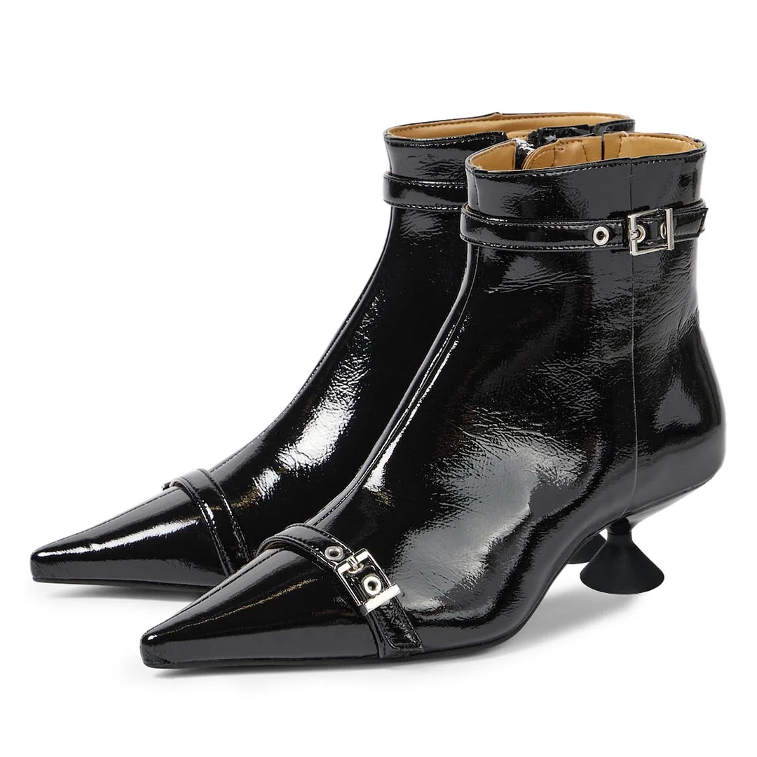 Black Buckle Strap Pointed Toe Flared Heel Ankle Boots with Zipper