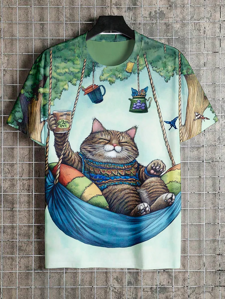 Men's Hippie Cat Swinging On The Swing Print Casual T-Shirt