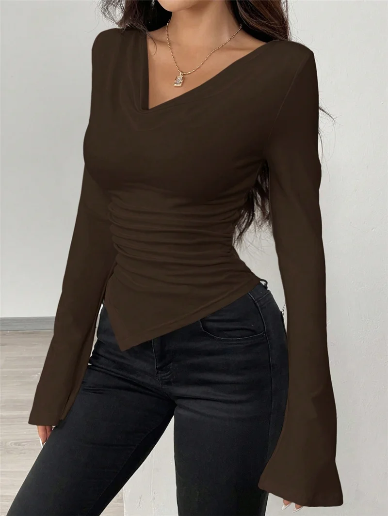 Athvotar Athvotar And Summer New V-Neck Open Shoulder Two-Wear Design Embody Wrinkles Irregular Long-Sleeved T-Shirt