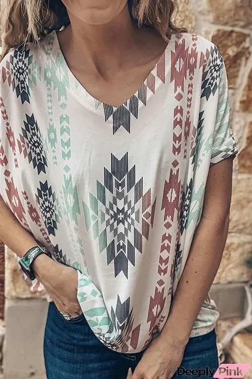 Ethnic Print V Neck Short Sleeve T Shirt