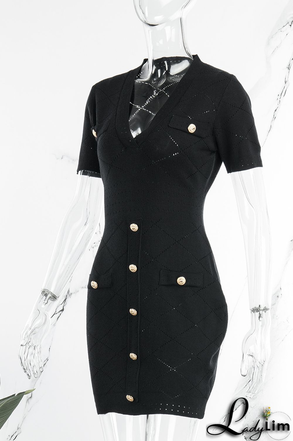 Black Casual Solid Patchwork V Neck Short Sleeve Dress