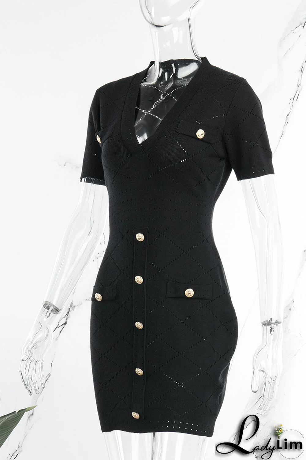 Black Casual Solid Patchwork V Neck Short Sleeve Dress