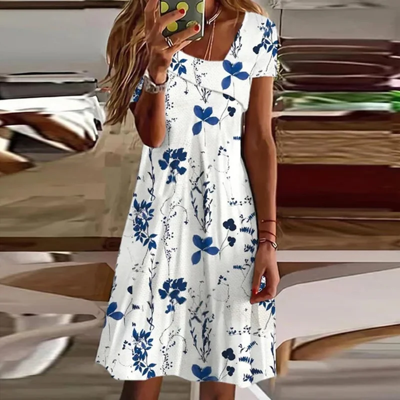 Fashionable Floral Casual Diagonal Collar Short Sleeved Midi Dress