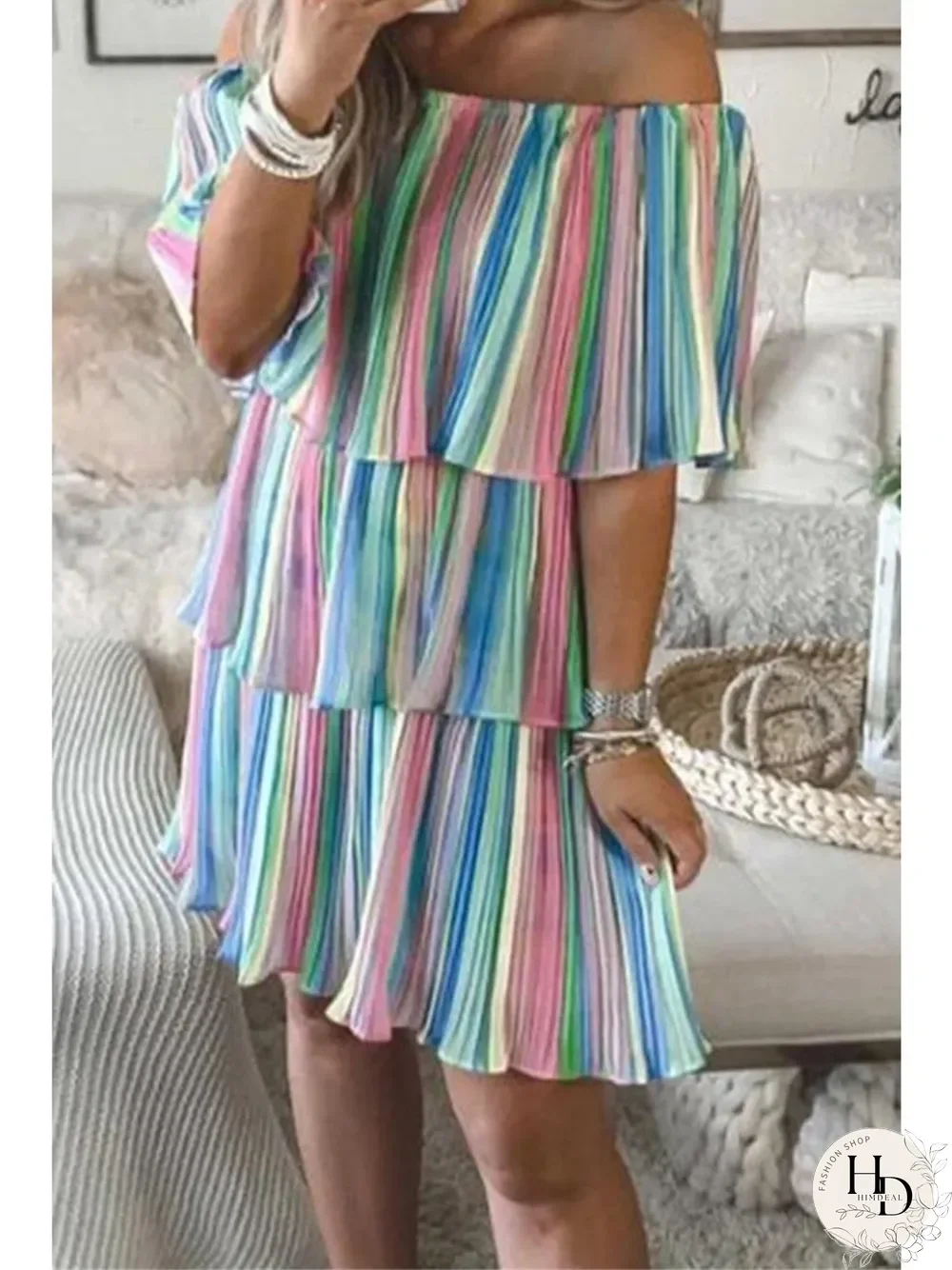 Rainbow Off-shoulder Pleated Dress P14339