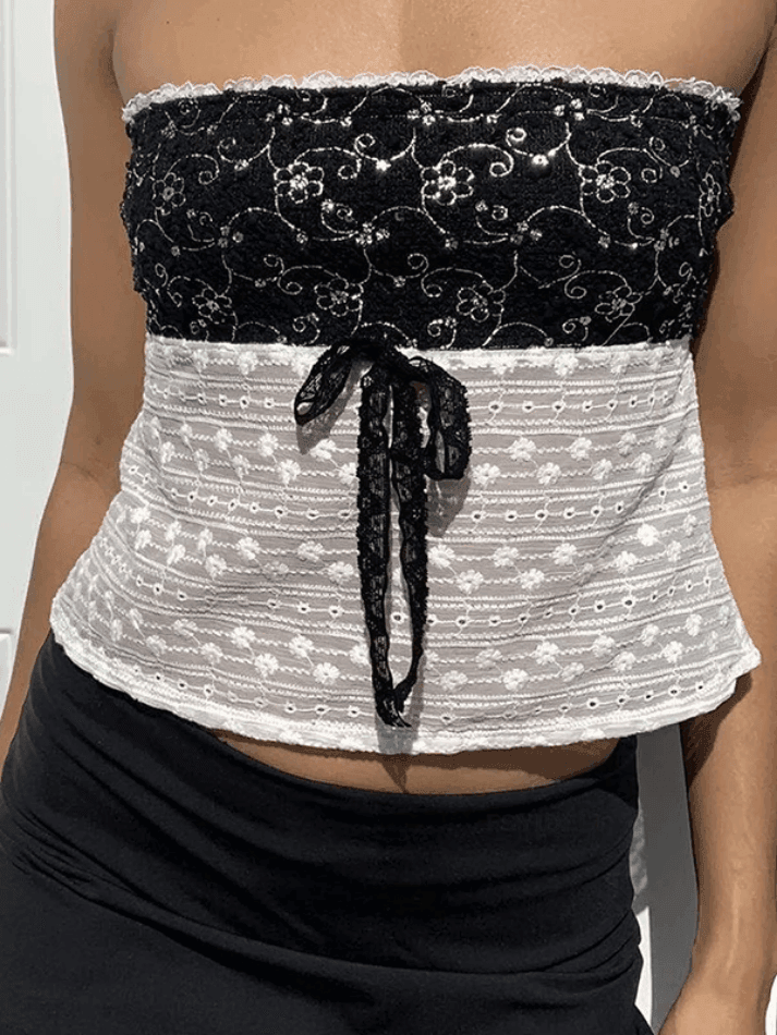 Brownm Tie Up Lace Patchwork Bandeau Top