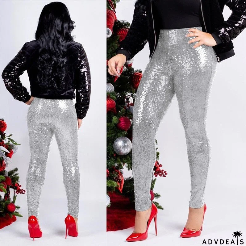 Rose Gold Sequin Slim Shiny Skinny Pencil Pants