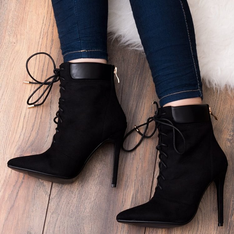 Fashion Black Suede Lace Up Boots Pointy Toe Stiletto Heel Ankle Boots |FSJ Shoes