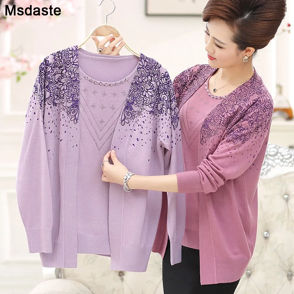 Sweater Set 2 Pieces Women Sweaters Tops Floral Tee Shirt + Blouse Suits Autumn Winter Pullovers Femme Plus Size 3XL Top Suit