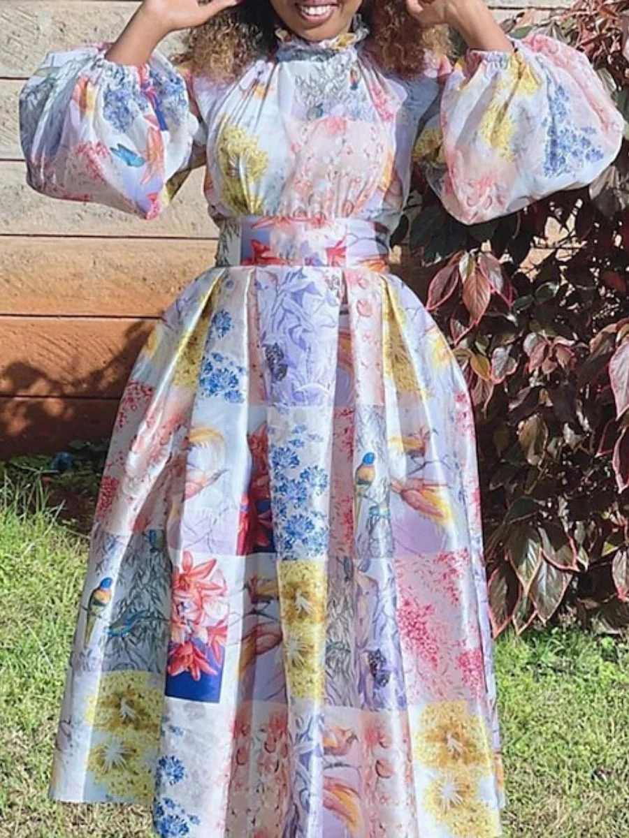 Women's Party Dress Floral Turtleneck Long Sleeve Plus Size Vintage Midi Prom Dress