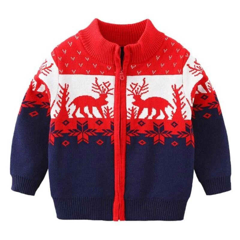 Mudkingdom Christmas Sweater Cardigan Kids Knitted Reindeer Clothes Baby Boys Zip Up Sweaters Coat