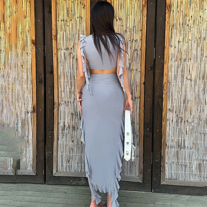 Ootddress Ruffled Tassel Patchwork 2 Piece-Set For Women High Waist Long Skirt And Crop top Outfits Solid Summer Maxi Skirt Sets