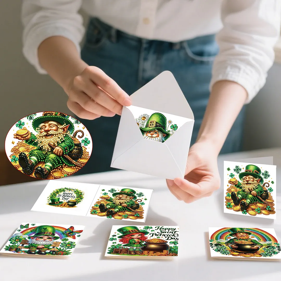 6Pcs St.Patrick Day Elves DIY Diamond Painting Greeting Card Set with Envelopes Diamond Art Handmade Cards for Beginner Adult Holiday Gifts