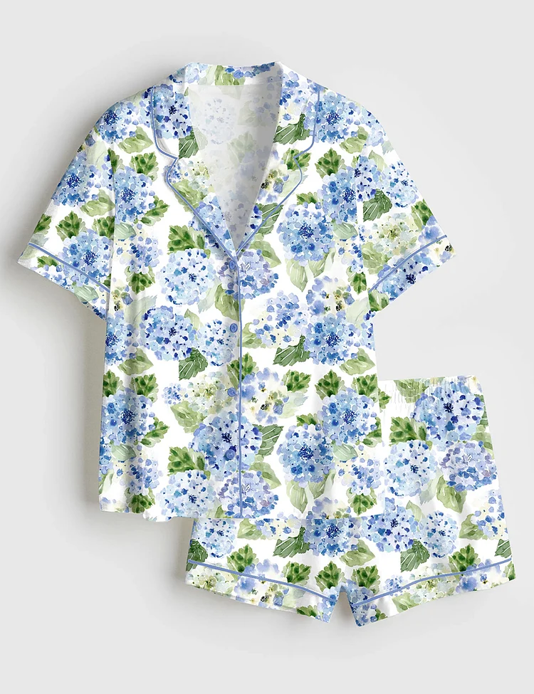 Women&rsquo;s Blue Hydrangea Floral Short Sleeve Satin Pajama Set