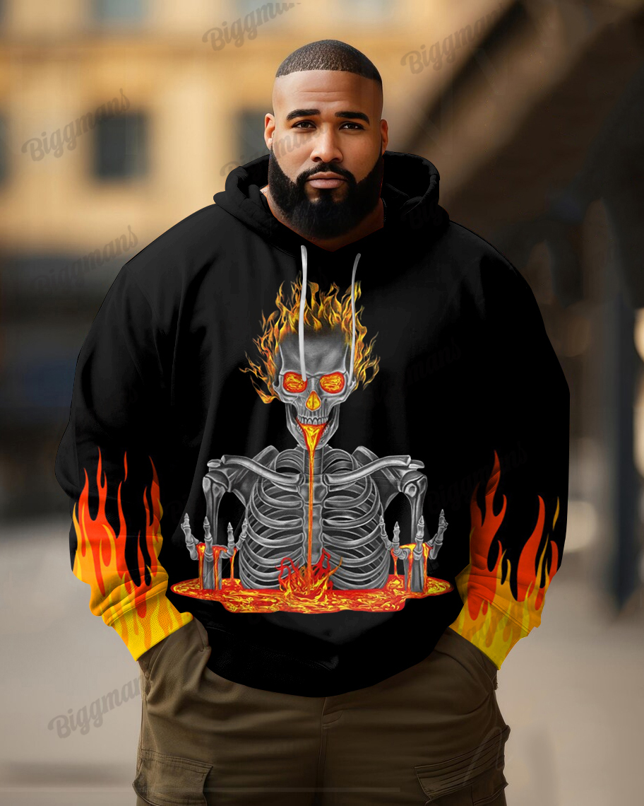Men's Plus Size Fashion Street Yellow Flame Skull Print Long Sleeve Hoodie