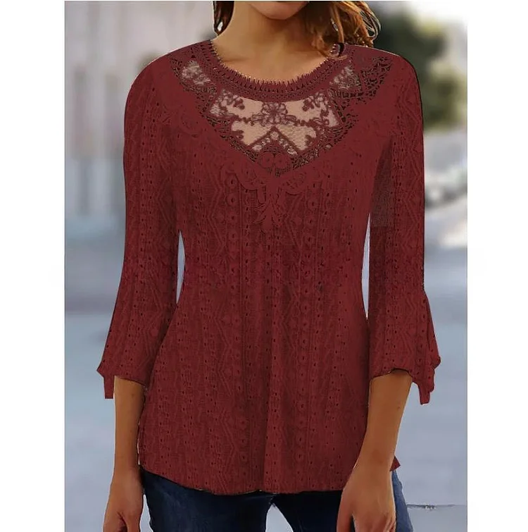 Women's New Comfortable Casual Hollow Perspective Lace Stitching Three-quarter Sleeve Top socialshop