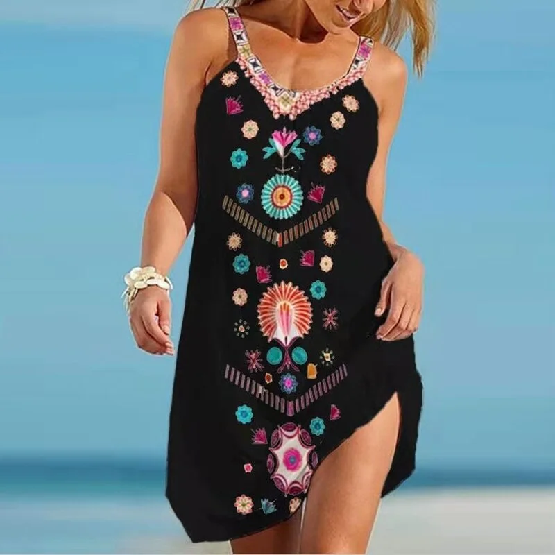 2021 Large Size Women Sleeveless Boho Casual Maxi Dress Ladies Long Dresses Plus Size S-2XL Bohemian Style Women's Printed Dress