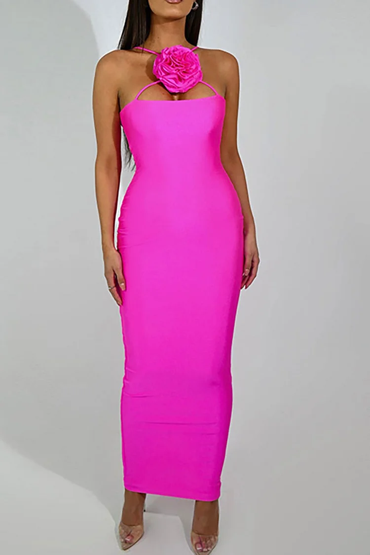 Cami Crossover 3D Floral Decor Backless Bodycon Party Maxi Dresses