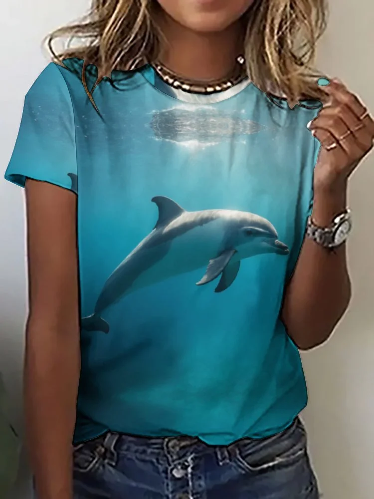 Printed Short Sleeve Casual T-shirt for  Women and Men Unisex Pattern Ocean, Blue, Sea, Fish
