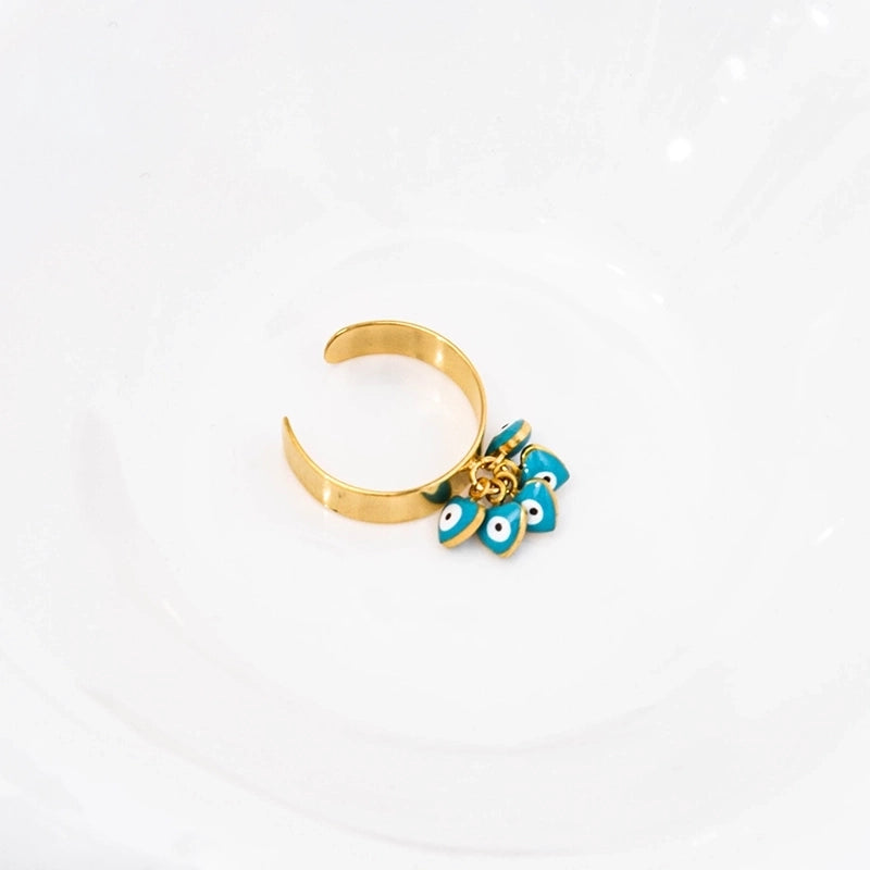 Cute Funny Sweet Devil's Eye Heart Shape 304 Stainless Steel 14K Gold Plated Enamel Open Rings