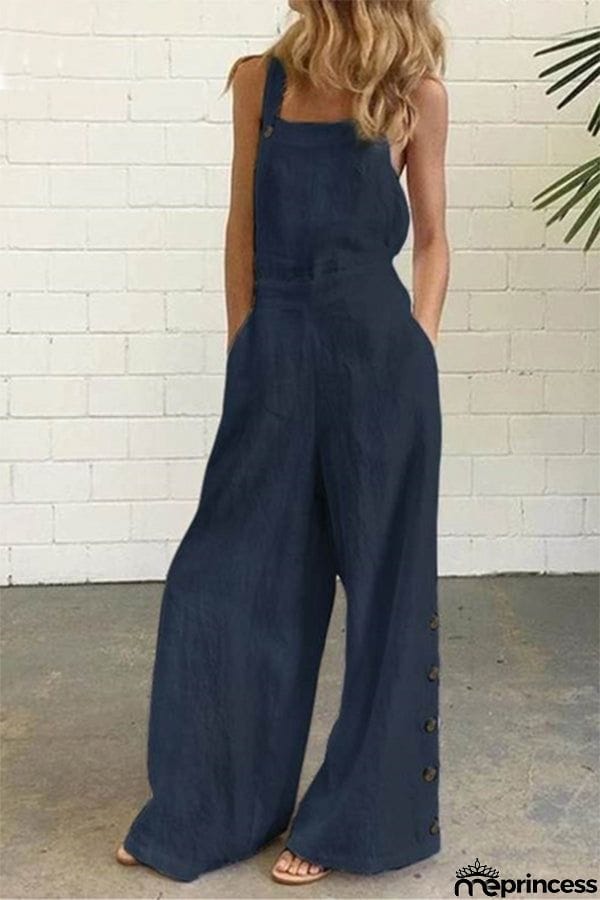 Casual Solid Buckle Square Collar Regular Jumpsuits