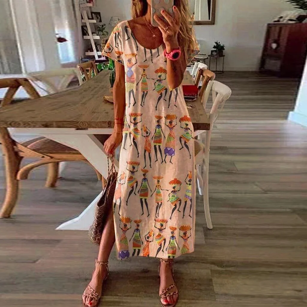New Summer Long Dress Women Casual Patchwork Bohemian Print Short Sleeves Dresses For Women V Neck Plus Size Dress Women 2022