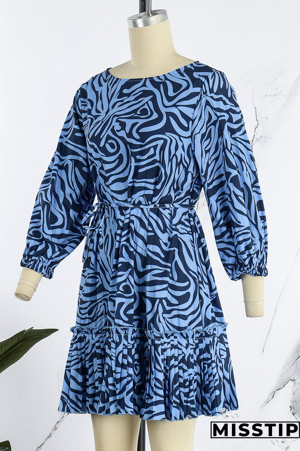 Blue Casual Print Patchwork Fold O Neck A Line Dresses