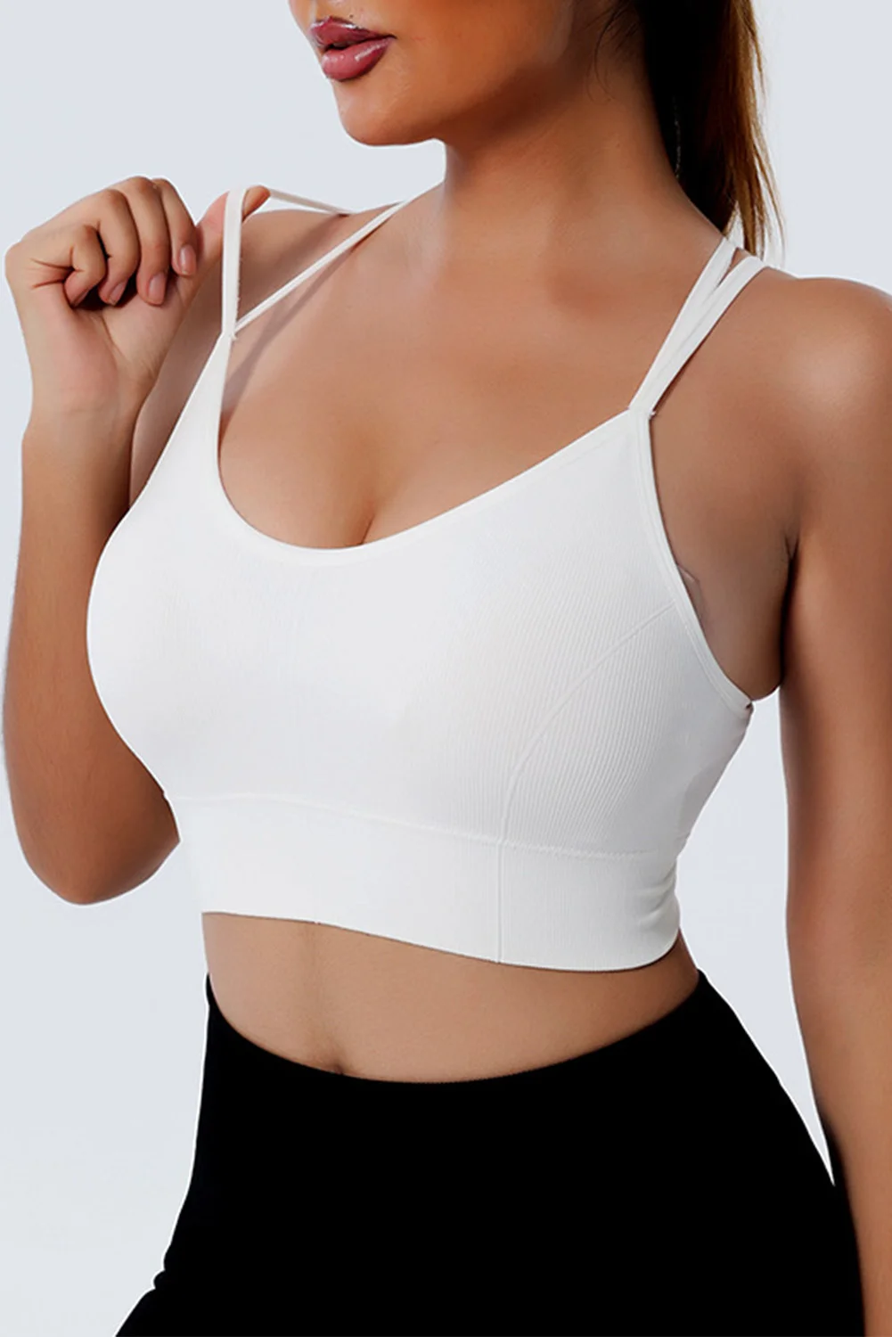 White Ribbed Knit Strappy Back Sports Bra | IFYHOME