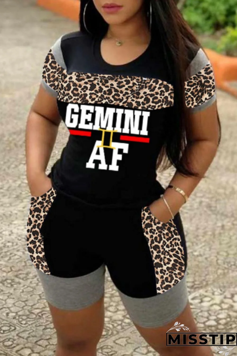 Black Casual Letter Print Leopard Patchwork O Neck Short Sleeve Two Pieces