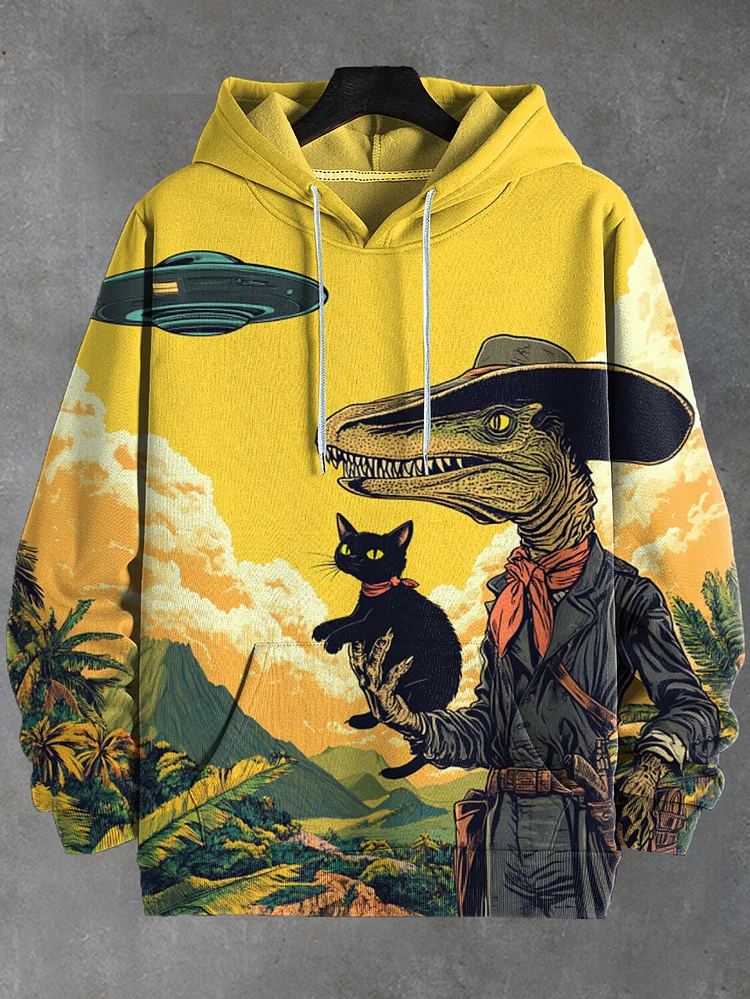 Men's Western Dinosaur Holding Black Cat UFO Natural Scenery Art Print Hooded Sweatshirt
