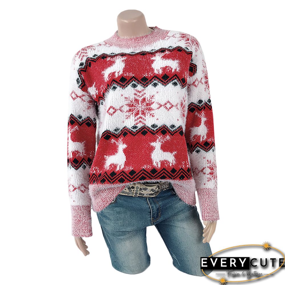 Red Snowflake with Reindeer Print Pullover Sweater