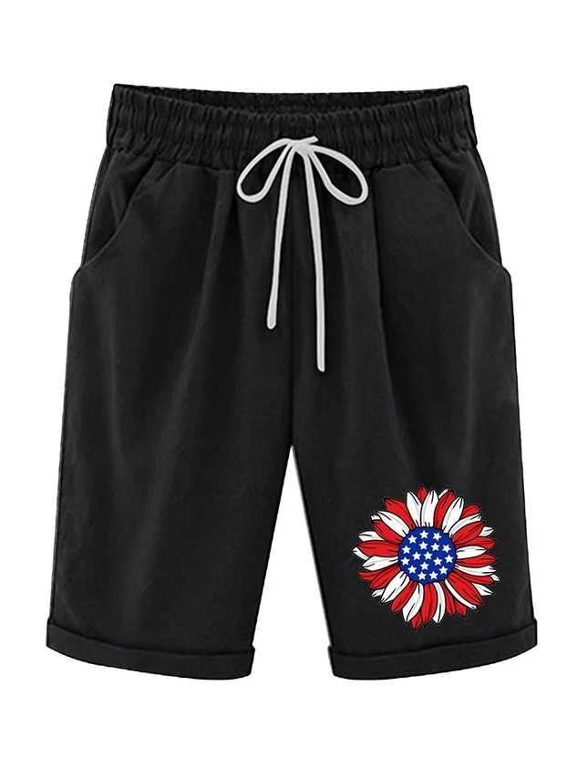 Women&lsquo;s Sunflower Independence Day Knee Length Bermuda Shorts Plus Size Casual Summer Loose Fit Long Shorts Elastic Waist Shorts with Pockets socialshop