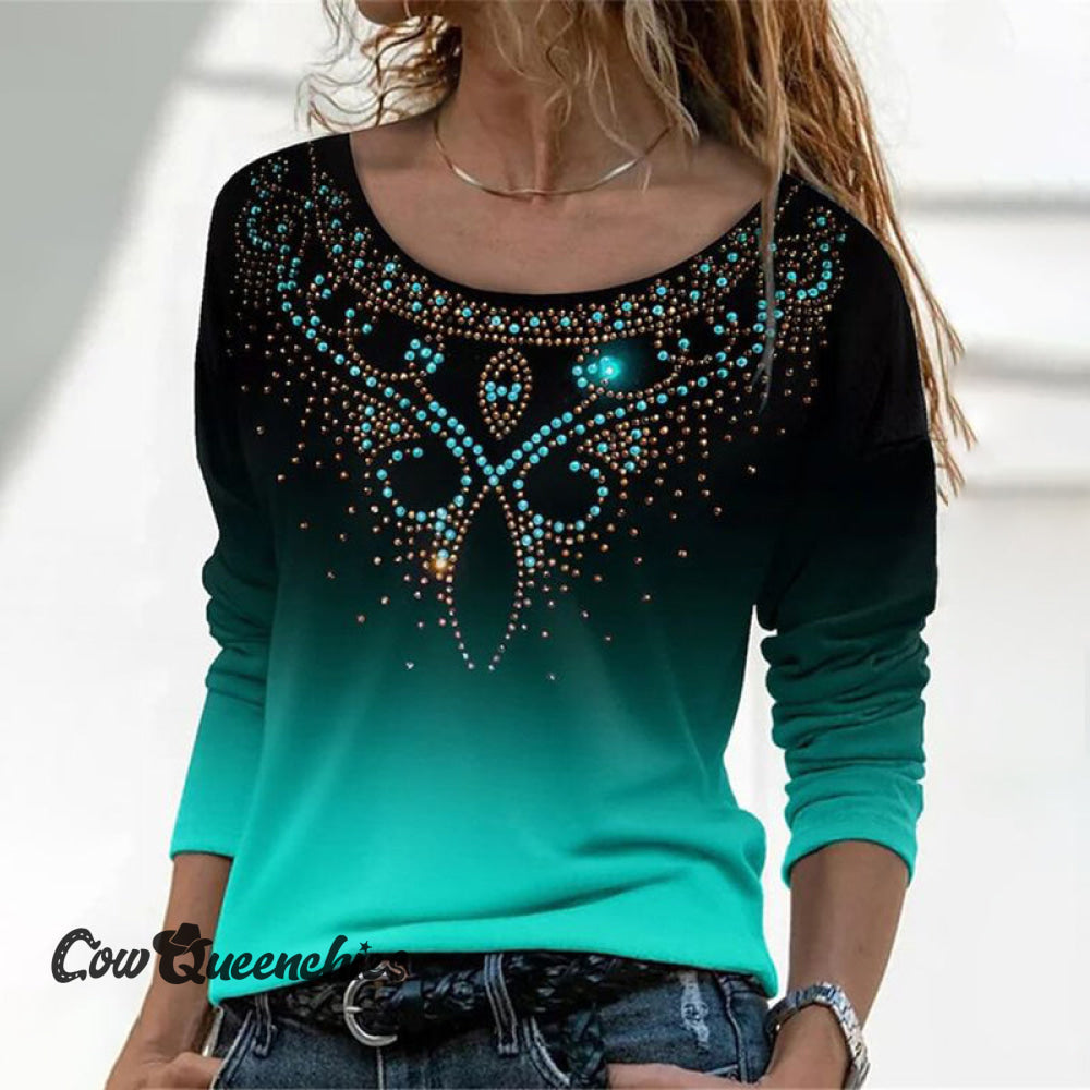 Western Gradient Print Round Neck Long Sleeve T-Shirt Green / S