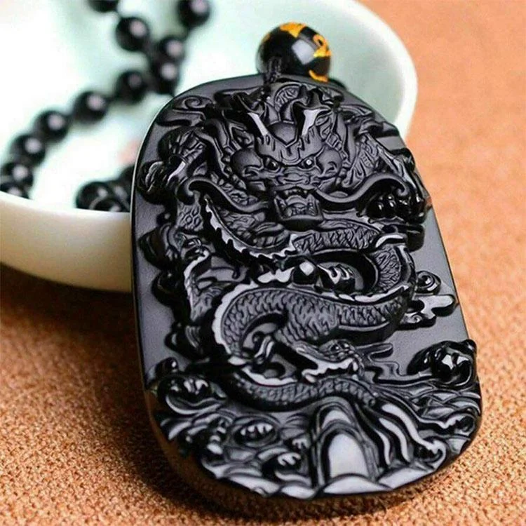Natural Black Obsidian Dragon Necklace - Protection, Luck, Success