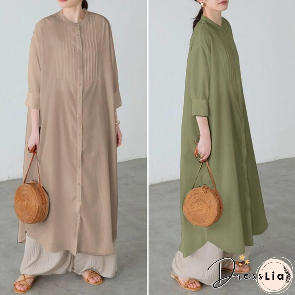 Ladies Spring Casual Kaftan Solid Sleeve Holiday Loose Top Pleated Long Dress Plus Size