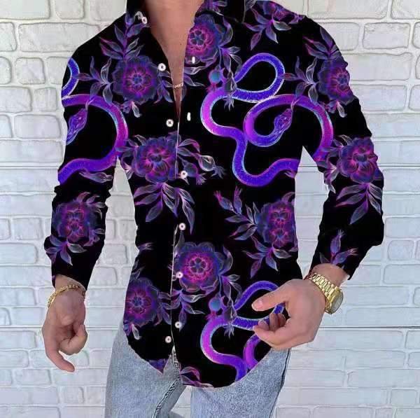 Purple printed long sleeve men shirt