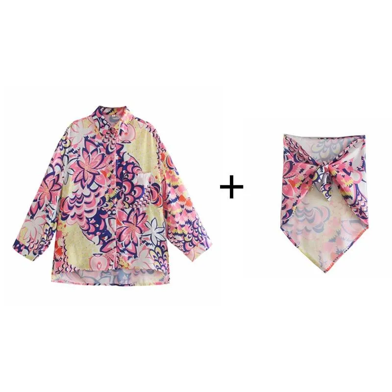 PUWD Vintage Woman Pink Loose Print Shirt Suits 2021 Spring Fashion Ladies Beach Suit Female Casual High Waisted Sets