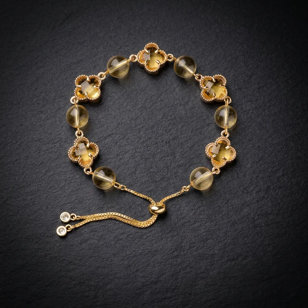 JiStones Serenity Clover Crystal Bracelet & Luminescent Cat's Eye Bangle Set Champagne Gold | Citrine & Cat's Eye Set