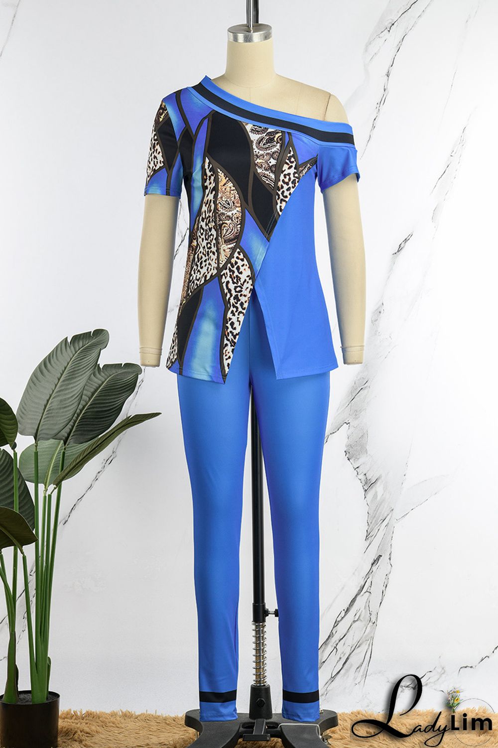 Red Casual Print Patchwork Slit Asymmetrical Oblique Collar Short Sleeve Two Pieces